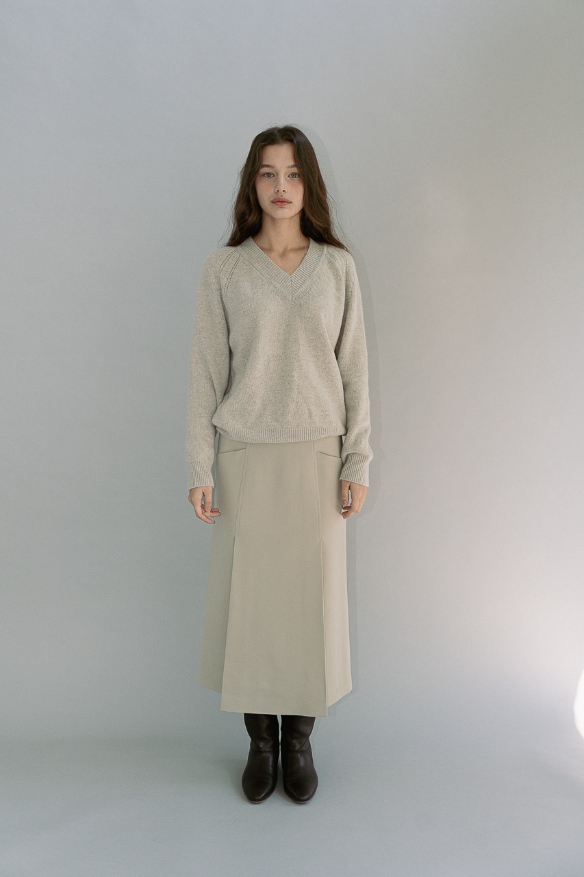 A-line Pleats Wool Skirt +Belt Set (Khaki Beige)